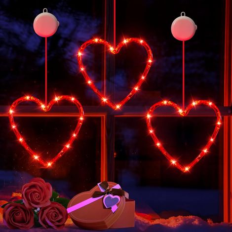 3 Stück Valentinstag-Fensterlichter Dekorationen mit Timer, batteriebetriebene hängende rot beleuchtete herzförmige Silhouetten-Saugnapf, LED-Lampe für 2024 Feiertagskamin Innendekoration (1/5)