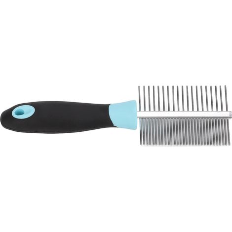 Peigne double face pour animaux de compagnie, rond, à dents larges et denses, en acier inoxydable, pour chats et chiens (bleu). (1/5)