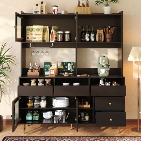 Armario restaurante 145x39x171cm moderno vidrio texturizado estante vinos almacenamiento múltiple madera negro (1/5)