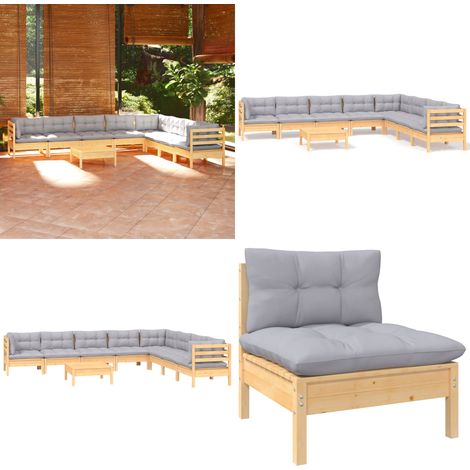 Set Divani da Giardino 9 pz con Cuscini Grigi Massello di Pino - Divano angolare - Cuscino da giardino