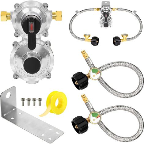 Regulador de propano, regulador de gas propano para caravana de dos etapas con manguera de 18" Regulador de gas automático con manómetro y luces indicadoras para parrilla al aire libre y camping (1/5)