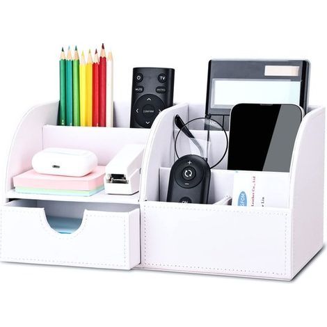 Peysaitr – Schreibtisch-Organizer aus Kunstleder mit Schublade – Elegant und robust – Multifunktionaler Organizer für Stifte, Handy und Fernbedienung – Weiß (1/5)