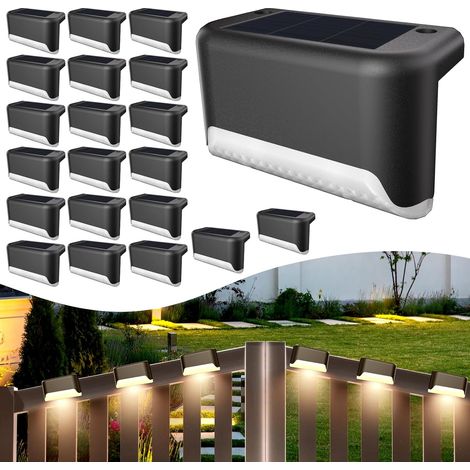 Kit de luces solares para exteriores, paquete de 20 piezas, luces solares de luz cálida para escalones, luces solares LED impermeables, adecuadas para escalones exteriores, patios y jardines. (1/5)