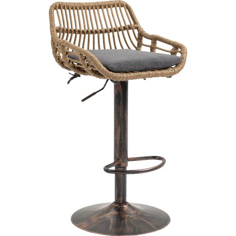 Lot de 2 tabourets de bar pivotants en rotin avec hauteur réglable, assise en lin et structure métallique, couleur gris vintage (1/5)