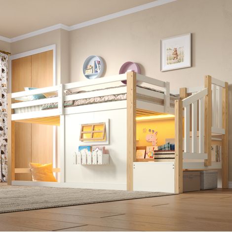 Hochbett 90x200 cm aus Holz und MDF, Weiß, mit Stauraumtreppe, ohne Matratze – MEUBLIV (1/5)
