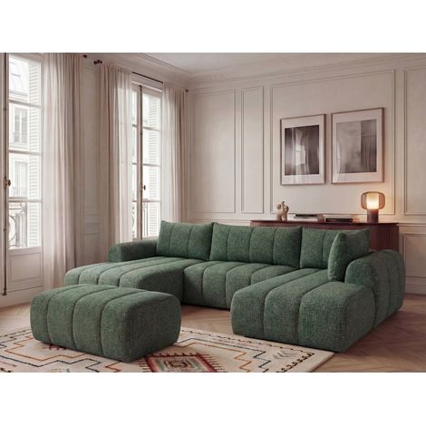 BOBOCHIC - Canapé panoramique fixe NESTY tissu chiné avec pouf Angle gauche  Vert foncé (1/4)