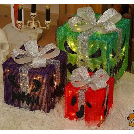 Coffret cadeau Halloween trois pièces avec lumières, lanternes citrouilles décoratives, décor, éclairage lumineux, boîtier à piles étanche 8 fonctions en fer forgé - coffret cadeau visage de fantôme [