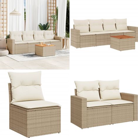 5-tlg. Garten-Sofagarnitur mit Kissen Beige Poly Rattan - Gartenmöbel Set - PE-Rattan Möbel - Outdoor Lounge - Esstisch Set - Balkonmöbel - Home & Living (1/5)