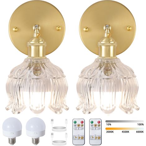 Lot de 2 appliques murales LED rechargeables avec télécommande, lampe de chevet sans fil, intensité variable, 3 températures de couleur, avec ampoule (1/5)