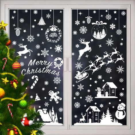 Autocollants blancs pour vitrines de Noël, guirlandes de Noël, flocons de neige, autocollants statiques, autocollants pour vitrines de traîneaux de rennes, décorations de Noël pour vitrines de magasin