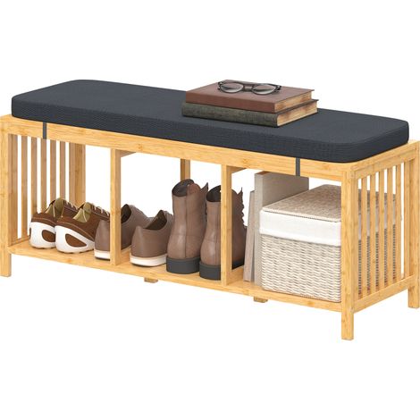 Banc à chaussures en bambou avec coussin d'assise rembourré et étagère ouverte, aspect bois naturel, idéal pour entrée