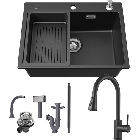 CECIPA MAX Lavello da cucina in granito 60 × 45 cm + rubinetto da cucina estraibile, lavello da appoggio con scolapiatti e dispenser di sapone (1/5)