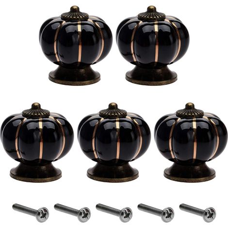 CSPARKV 5 Stück 40 mm Vintage-Schubladenknöpfe, Möbelknauf, Keramikgriff, Schranktürknauf, Kürbisknopf für Schrank, Buffet, Kommode, Küche – Schwarz