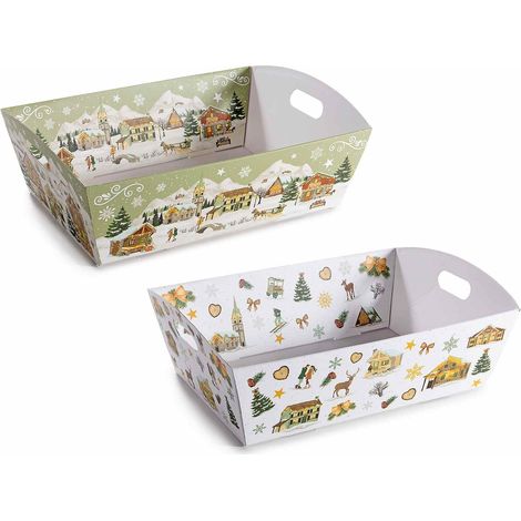 Vassoi / cesti in carta Natalizi medi fantasia villaggio innevato. Ideali per confezionare cesti regalo, set da 14 pezzi, cm 32 x 23 x 9,5 H