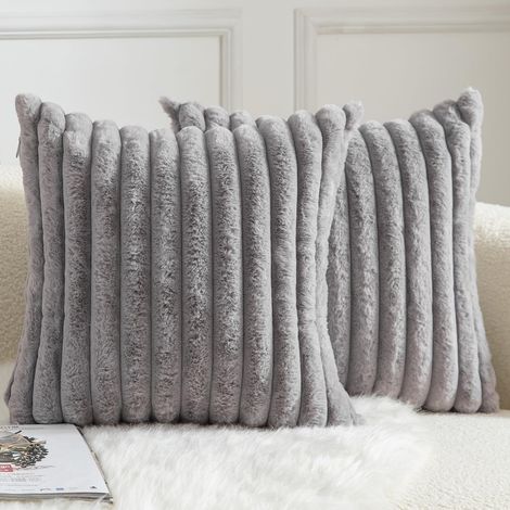 Lot de 2 Housse de coussin Rayures Fausse fourrure 40x40 cm Gris Salon Chambre Canapé (1/5)