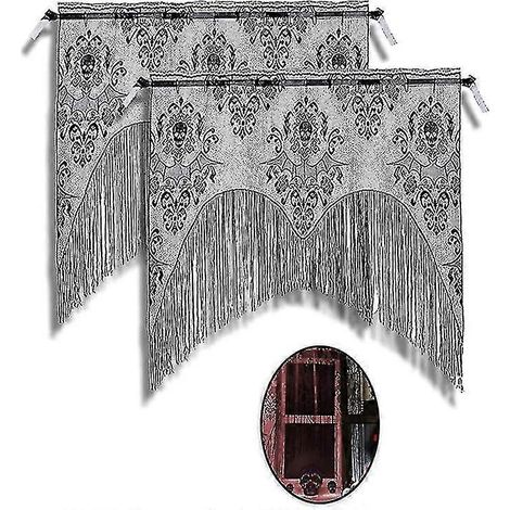 Lot de 2 rideaux de fenêtre en dentelle à motif de crâne pour Halloween - Rideau de porte à pompons noirs pour décorations de fête d'Halloween à la maison, articles de fête d'Halloween Bd