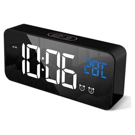 Réveil Numérique avec Grand Affichage de la Température LED, Alarme de Miroir Portable avec Double Alarme Roupillon Temps Gradateur de Luminosité Réglable sur 4 Niveaux (Noir) (1/5)