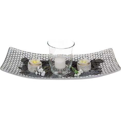 Assiette Blanc/Gris en Bois, Photophore avec Bougie, 2 Bougies à Chauffe Plat, Pierres déco, Sable déco (1/4)
