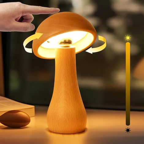 Lampe champignon en bois, rechargeable, rotative à 360°, intensité lumineuse réglable en continu, idéale pour table de chevet et salon. (1/5)