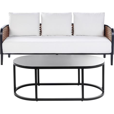 Ensemble de Jardin Canapé 3 Places et Table Basse Aluminium Noir avec Coussins Déperlants Blanc Cassé Montefalco