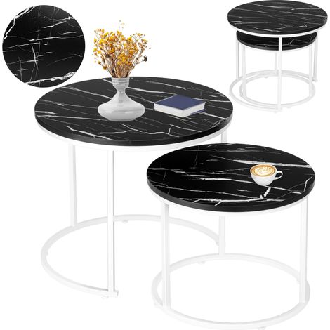 Set aus zwei Tischen, weiß, Galen, klein, schwarzer Marmor