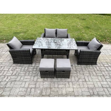 Fimous 6 Seater PE Wicker Outdoor Garden Furniture Set Patio Furniture Rattan Rectangular Dining Table Lounge Sofa with 2 Small Footstools (1/5)