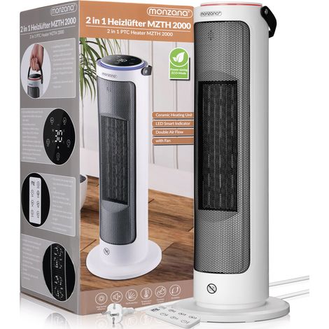 MONZANA® 2kW Ceramic Fan Electric Heater  Portable Energy Efficient Space Heater for Home Bedroom Office  ECO Mode, 4 Heat Settings, 120° Oscillation, Quiet Room Heater, Timer & Remote Control