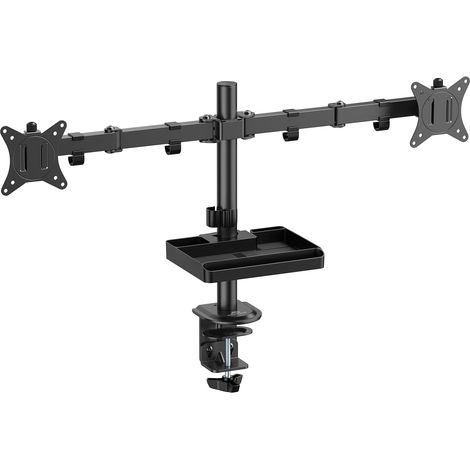 Support Double Ecran PC de 17 à 32 Pouces, Compatible VESA 75x75 et 100x100, Hauteur et Inclinaison Ajustable, Tablette Rangement et Support Smartphone Inclus (1/5)