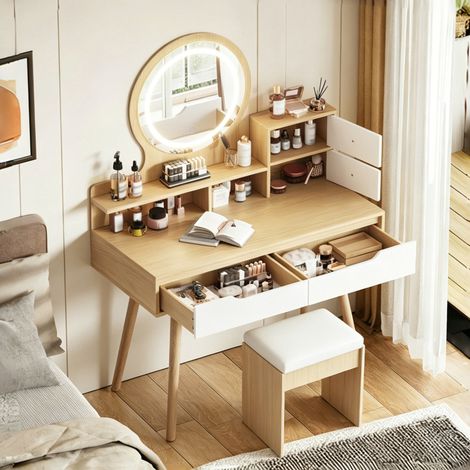 Scrivania con specchio LED e sgabello imbottito OKMYHOME (1/5)