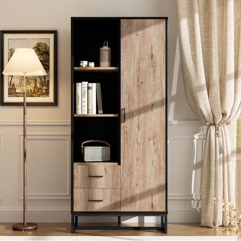 Buffet haut, armoire en aspect bois avec cadre noir, commode avec porte, 2 tiroirs et 3 compartiments ouverts, pour salon, bureau et couloir 80x40x180 cm (1/5)