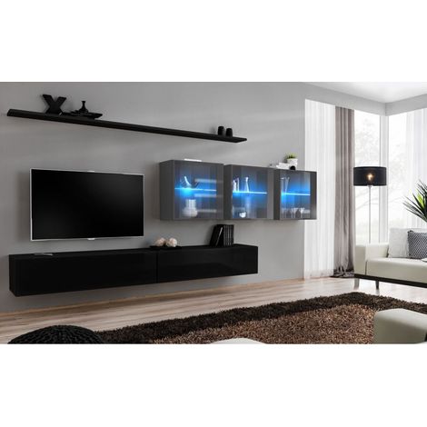 Ensemble mural - Switch XVII - 3 vitrines LED - 2 banc TV - 2 étagères - Noir et graphite - Modèle 2 - Livraison gratuite
