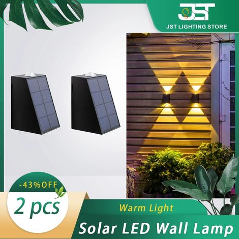 (Lot de 2 appliques solaires à lumière chaude) Applique murale solaire à forte luminosité, étanche, pour extérieur, jardin, terrasse, balcon, décoration d'ambiance, veilleuse (1/5)