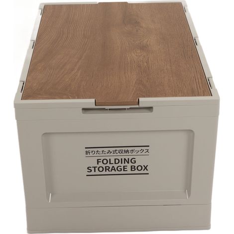Boîte de rangement pliable avec couvercle en bois 50L, ouverture multidirectionnelle, système de fermeture à boucle, idéale pour le camping et le sable chaud. (1/5)
