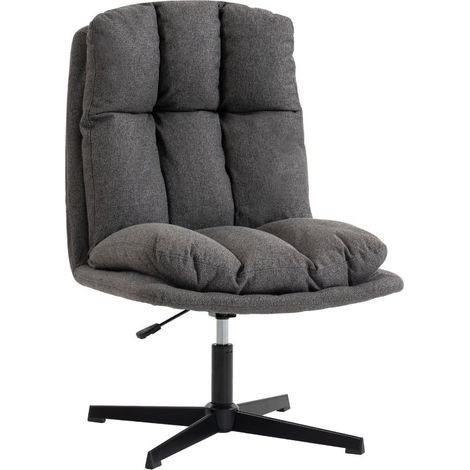 Fauteuil pivotant sans accoudoirs en tissu aspect lin gris foncé, large assise et pieds métalliques pour salon et lecture