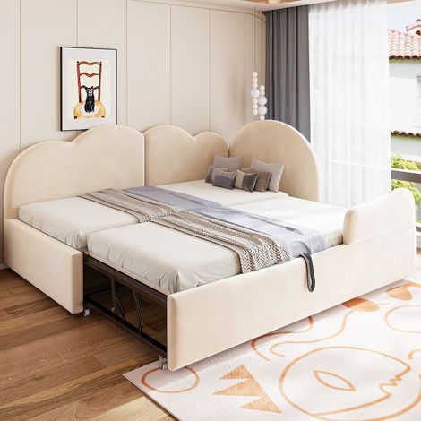 Canapé-lit gigogne en L 90x200 cm avec lit d'appoint 90x190 cm, extensible à 180x200 cm, tête de lit nuage, velours beige, gain de place (1/5)