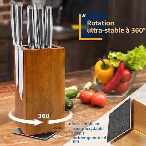 Magnetic Knife Block without Knife, 360 Swivel Magnetic Knife Holder in Acacia Wood, Universal Wooden Knife Block with Insert, Magnetic Knife Block for Kitchen, 25 x 11.5 cm (1/4)