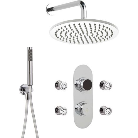 Milano Vis Digital Three Outlet Thermostatic Shower with 300mm Wall Mounted Round Rainfall Shower Head Hand Shower Handset and Body Jets - Chrome (1/5)