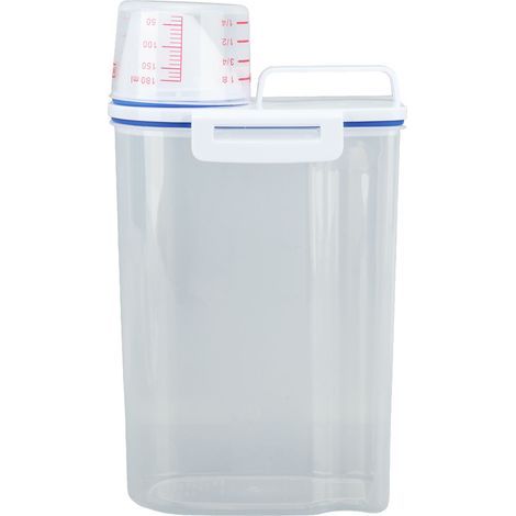 Bac de rangement pour riz, céréales, distributeur, couvercle hermétique, bec verseur, récipient de conservation des aliments avec verre doseur, transparent, 2 kg, blanc (1/5)
