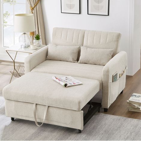 Divano letto, divano da 2 posti con schienale regolabile in 3 posizioni, tasche sui braccioli, piedini in plastica, tessuto lino, beige (1/5)