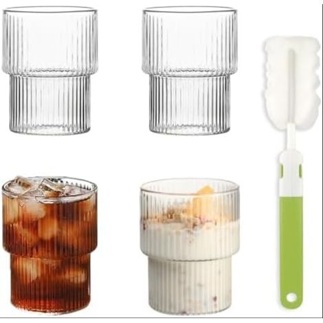Coffee Glasses, Drinking Glasses, Clear Ice Cups with Sponge Brush, Stackable for Cocktails, Whiskey, Tea, Soda