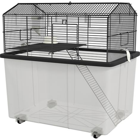Cage hamster rongeur 2 étages avec roulettes, plateforme et échelle en fil d'acier noir 57 x 43 x 57 cm