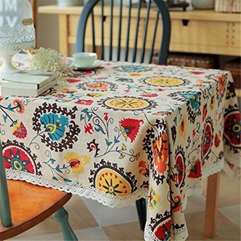 Nappe vintage en dentelle à motif tournesol, nappe rectangulaire en lin brodé, lavable, idéale pour les repas et les pique-niques (90 x 90 cm). (1/4)