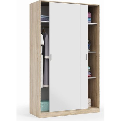 Pegane – Armoire 2 portes coulissantes mélamine blanc/chêne canadien – Dimensions 120x200x50 cm – Certifiée PEFC pour rangement optimal