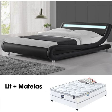MEUBLER DESIGN Lit Led Design Julio Noir 140cm Avec Matelas Romance, Polyuréthane, Style Contemporain, 206.5 x 155 x 62 cm (1/5)