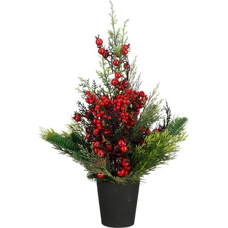 Petit Sapin de Noël Artificiel Cèdre avec Baies Rouges et Pot Noir H45 x Ø18 cm - PANGIVO (1/3)