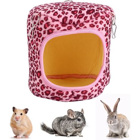 Nid Suspendu Pour Petits Animaux - Coton Doux Rose Léopard - Pour Cage Rongeurs Lapins - 15x15x15cm (1/5)