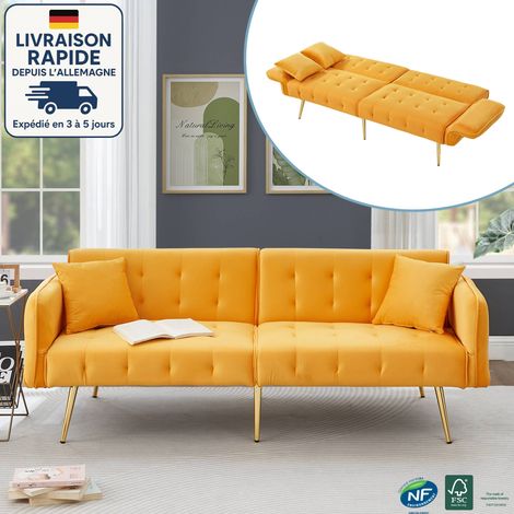 Sofá de 2 plazas - Con función cama, respaldo ajustable y reposabrazos regulables en varios niveles - Tejido de terciopelo - Contemporáneo - Amarillo (1/4)