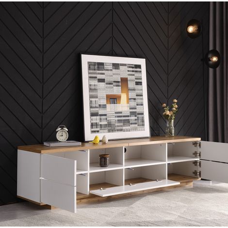 Mueble TV blanco con rejilla y almacenaje 180 cm OKMYHOME (1/5)