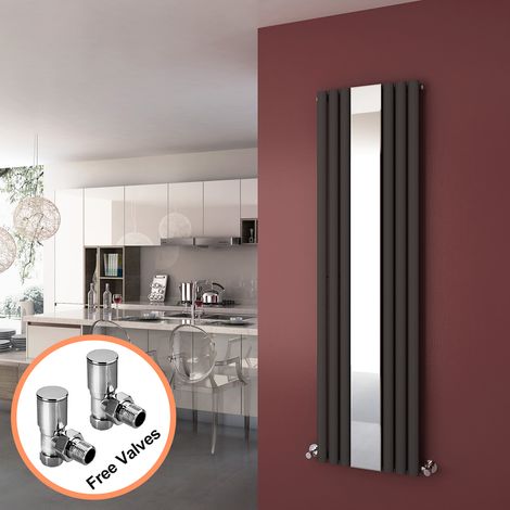 ELEGANT 1800 x 500 mm Vertical Mirror Radiator Designer Oval Column Panel Central Heating Radiators (Anthracite) + Angled Radiator Valves (1/5)