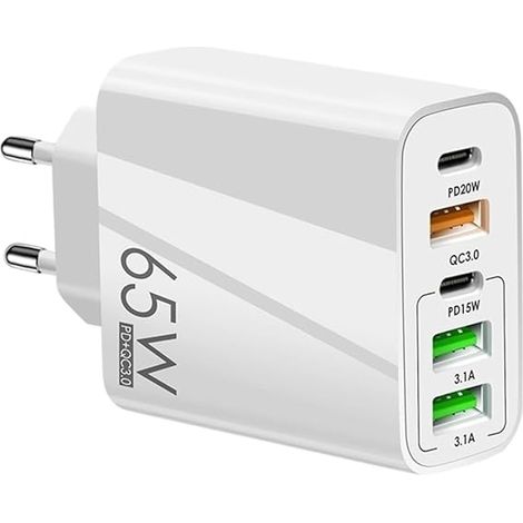 USB-Mehrfachladegerät, 65 W, USB-C-Stecker, 5 Schnellladeanschlüsse, Multi-Power PD 15 W, 20 W + QC 3.0 + 3,1 A, Schnellladeadapter für iPhone, Samsung, Xiaomi und Huawei (1/5)